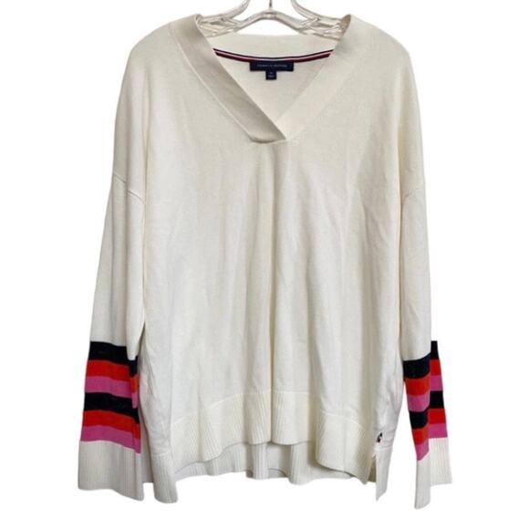 TOMMY HILFIGER Rainbow Striped-Sleeve Sweater V-Neck Pullover‎ SZ M NWOT - Picture 2 of 10